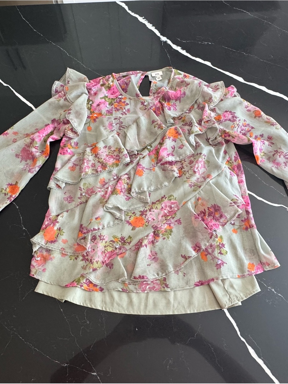 River Island Sage Green Floral Ruffle Blouse with Pink & Orange Accents
